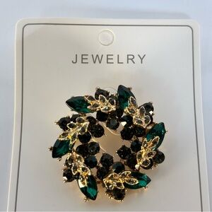 Gold-Tone Emerald & Black Crystal Wreath Brooch - Jewelry